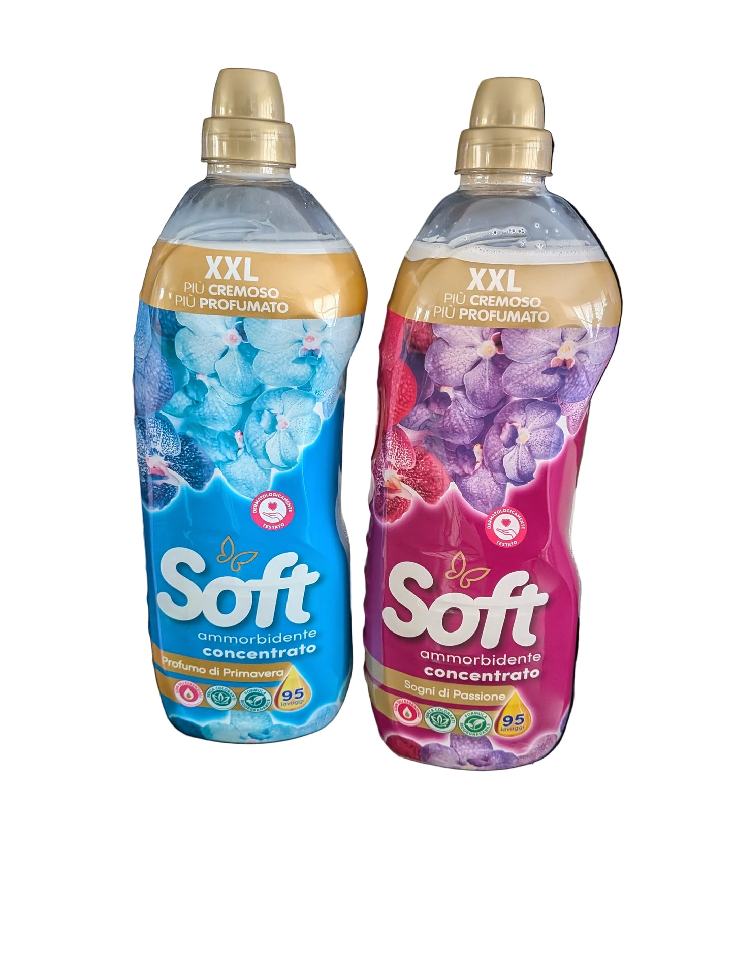 Soft brand concentrated fabric softener, marketed in XXL packaging for approximately 95 washes each.