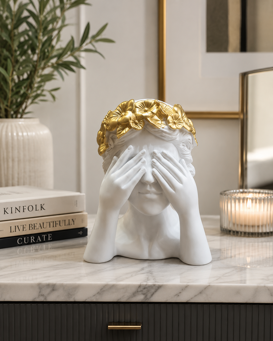 See No Evil White and Gold Head Figure