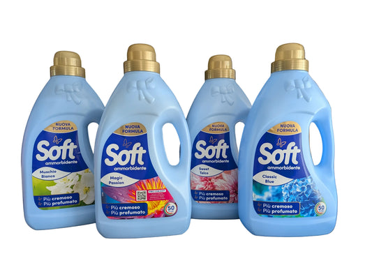 Soft fabric softeners, 50-wash liquid formula available in Magic Passion, Sweet Talco, and Classic Blue.