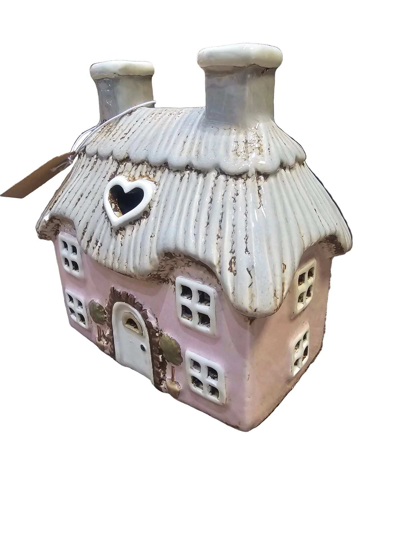Cottage Tealight Holder Pink Embossed Stoneware with Trees