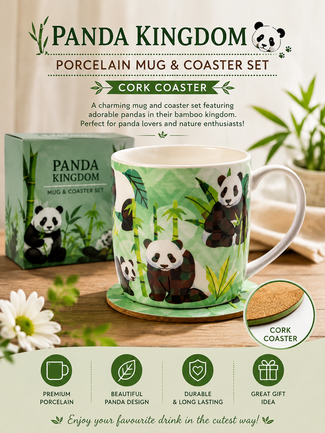 Panda Kingdom Porcelain Mug & Coaster Set
