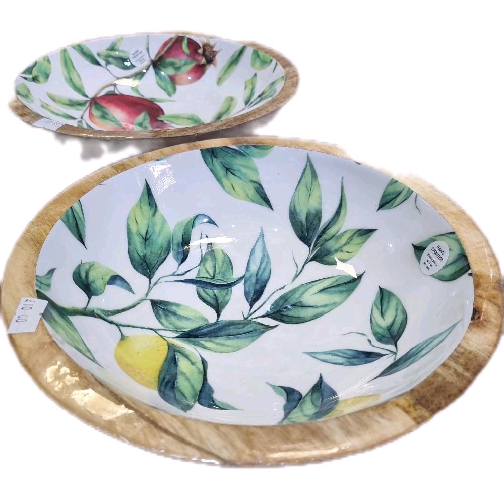 handmade natural Mango Wood Enamelled Bowls 24cm 3 Designs Tableware Handcrafted Decorative BPA Free Natural Variation Elegant Design - Wooden