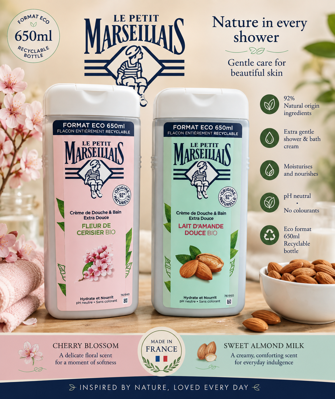 Le Petit Marseillais brand shower creams in Cherry Blossom and Sweet Almond Milk scents 650ml