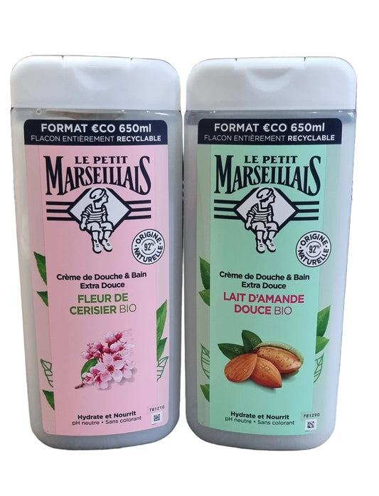 Le Petit Marseillais brand shower creams in Cherry Blossom and Sweet Almond Milk scents 650ml