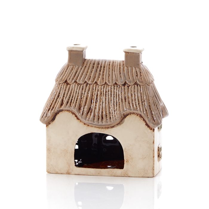 COTTAGE TEALIGHT HOLDER CREAM EMBOSSED STONEWARE WITH TREES