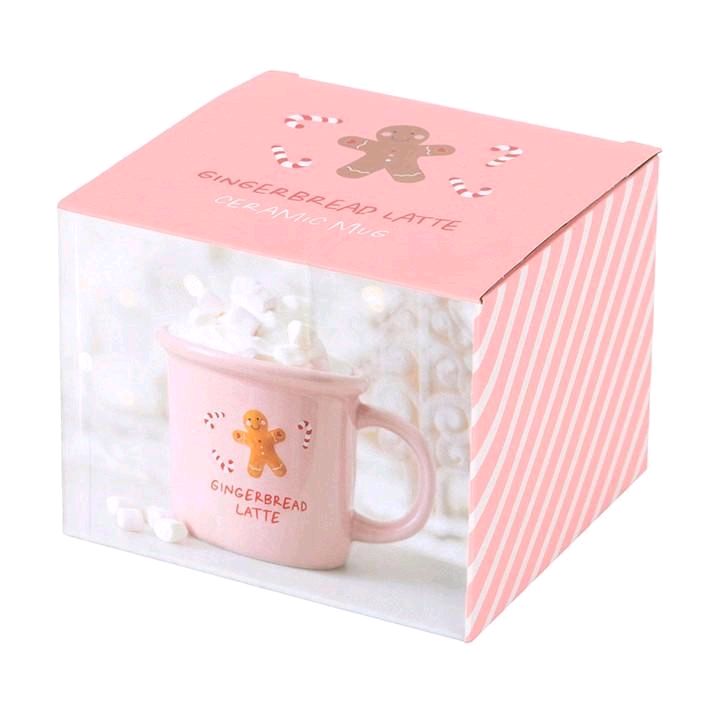 Pink Gingerbread Latte Ceramic Mug 480ml - Handwash Only - Reusable Washable Tumbler for Coffee - Christmas Design with Candy Cane Details