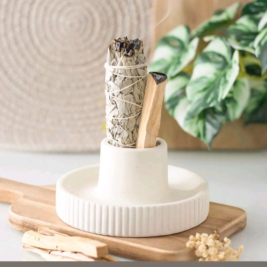 cream ribbed smudge stick bowl