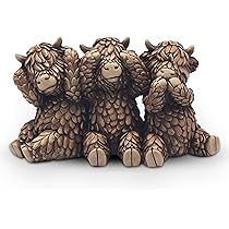 Lesser & Pavey Hughie Highland Cows figurine features a trio of cows depicting "hear no evil, see no evil, speak no evil"