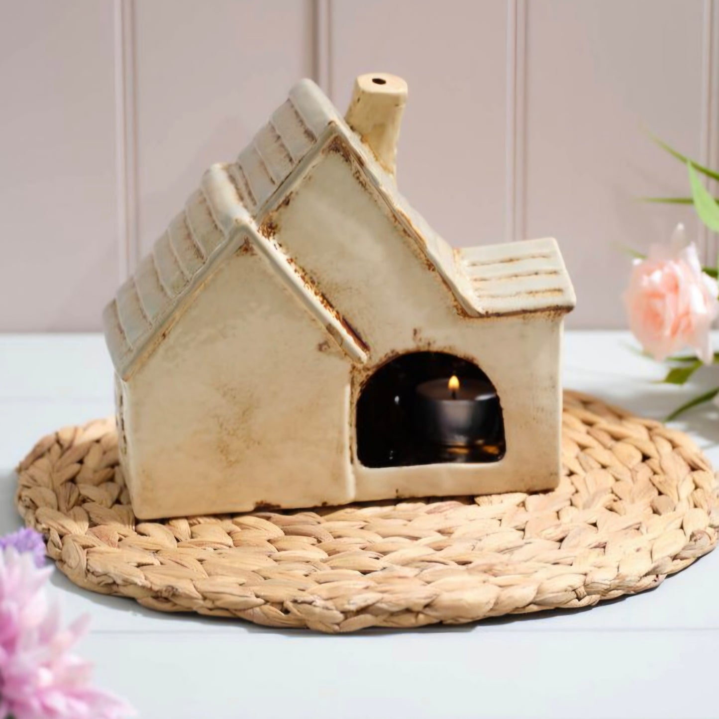 COTTAGE GARDEN STONEWARE DOUBLE COTTAGE WITH FULL CHIMNEY AND EMBOSSED DETAILS CANDLE HOLDER