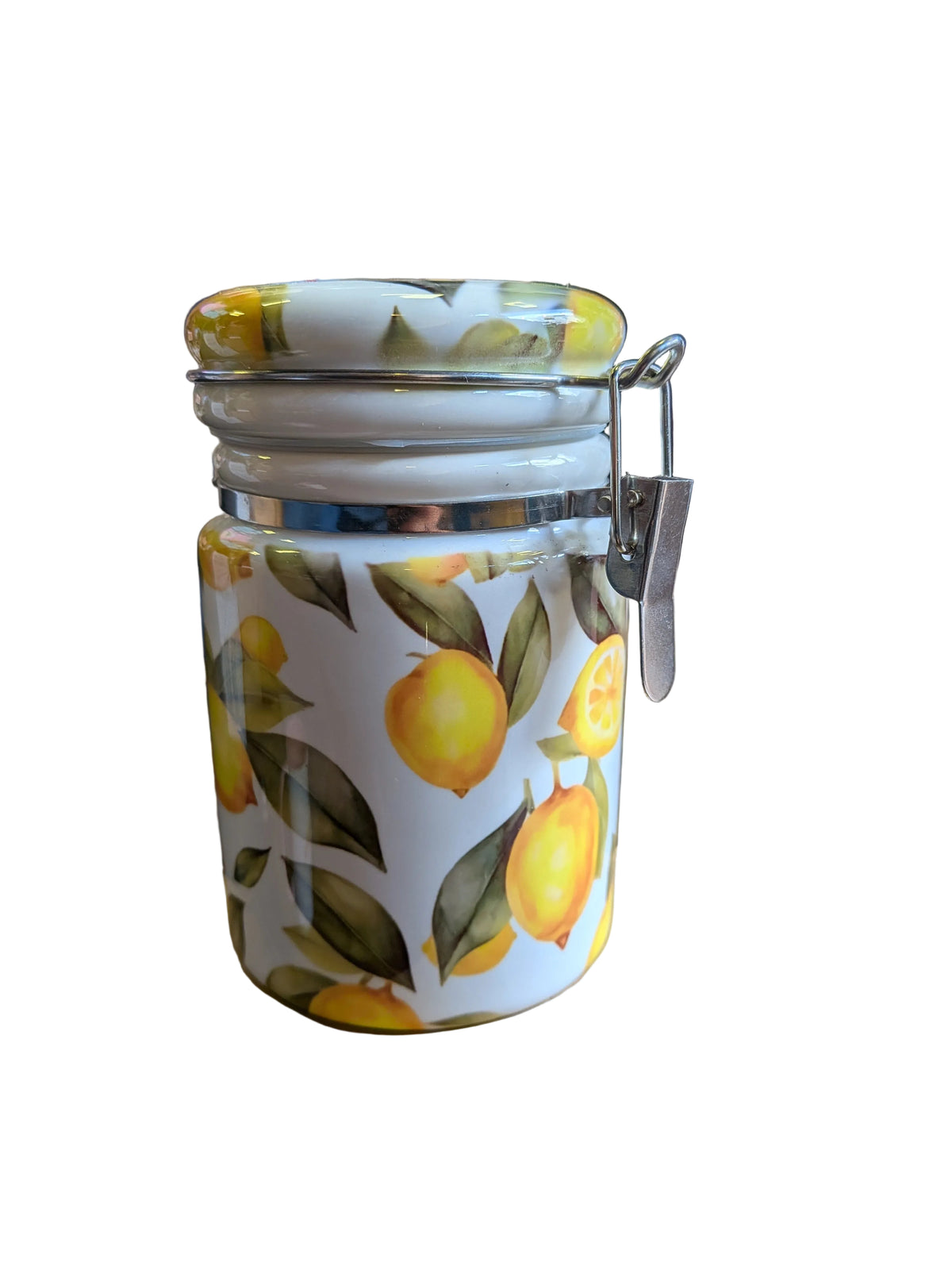 Ceramic kitchen storage canister with a lemon pattern and a wire-clamp airtight lid