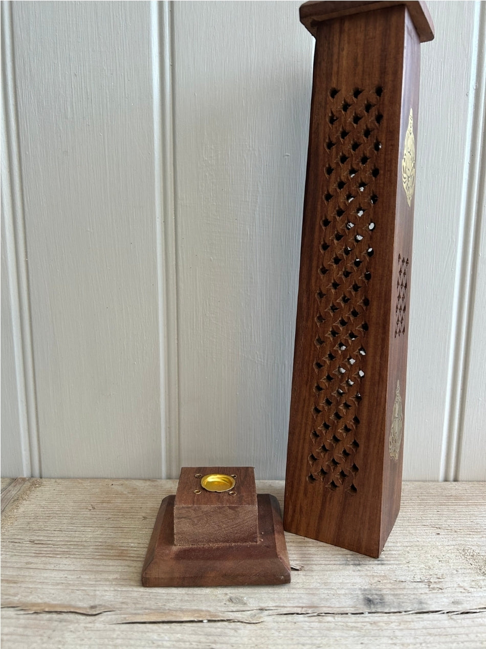 Wooden Tower Ash Catcher w/ Brass Inlany Buddha