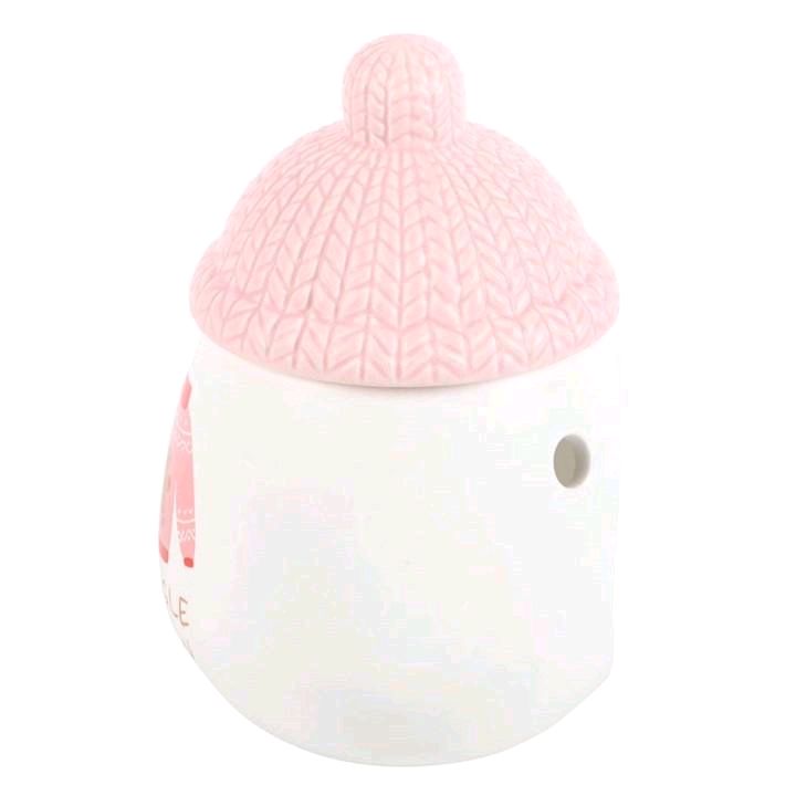 Snuggle Season Tealight Oil/Wax Burner with Cozy Pink Bobble Hat Lid for Festive Fragrances Decor Ornaments Perfect for Winter Use Aroma