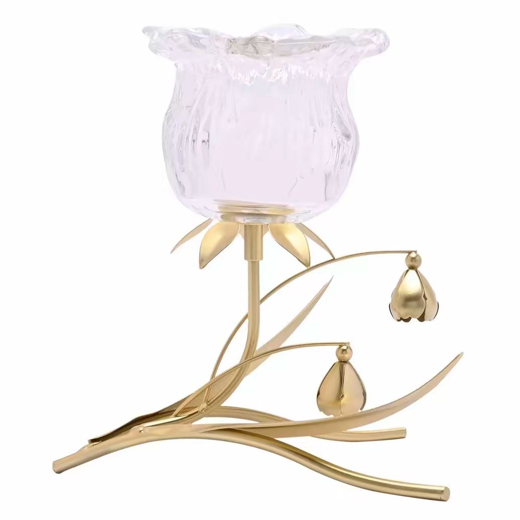 Single Stem Clear Glass Flower Candle Holder With gold stem