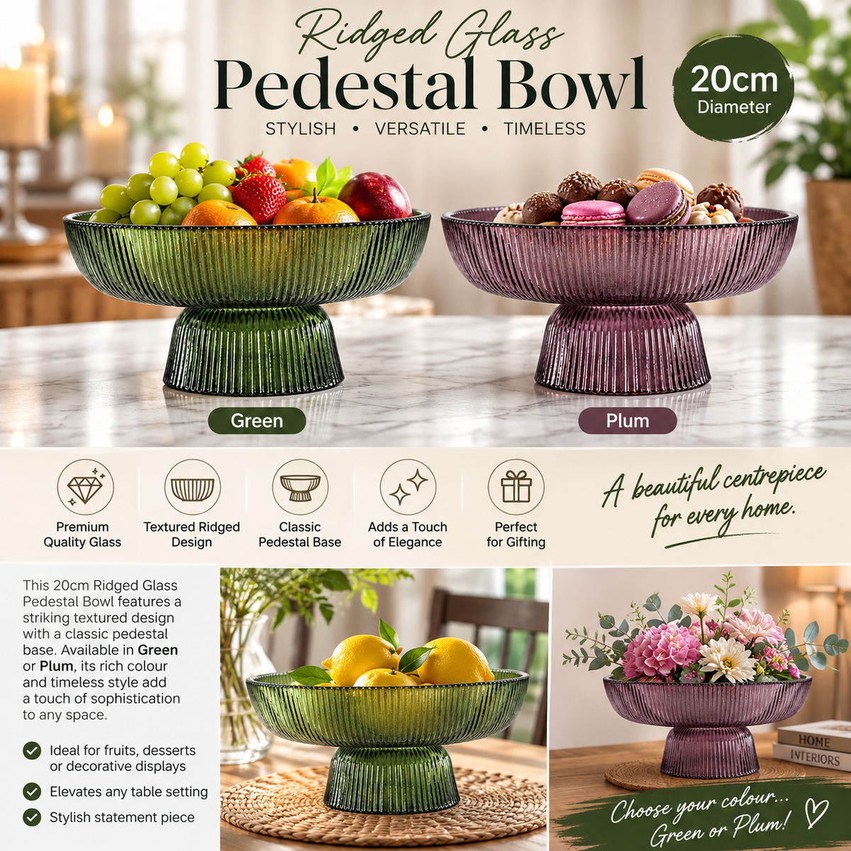 20cm Ridged Glass Pedestal Bowl