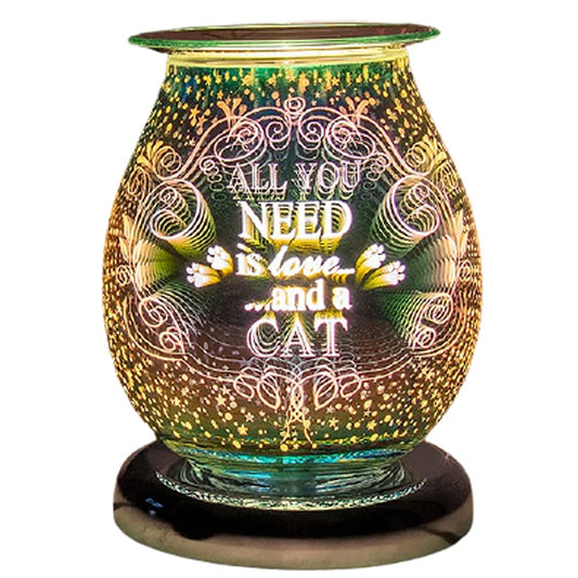 Desire Aroma 3D lamp features a "All You Need Is Love and a Cat" design and includes a touch-sensitive base for controlling brightness