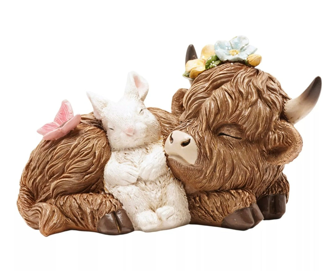 Country Living Sleeping Highland Cow With Spring Bunny