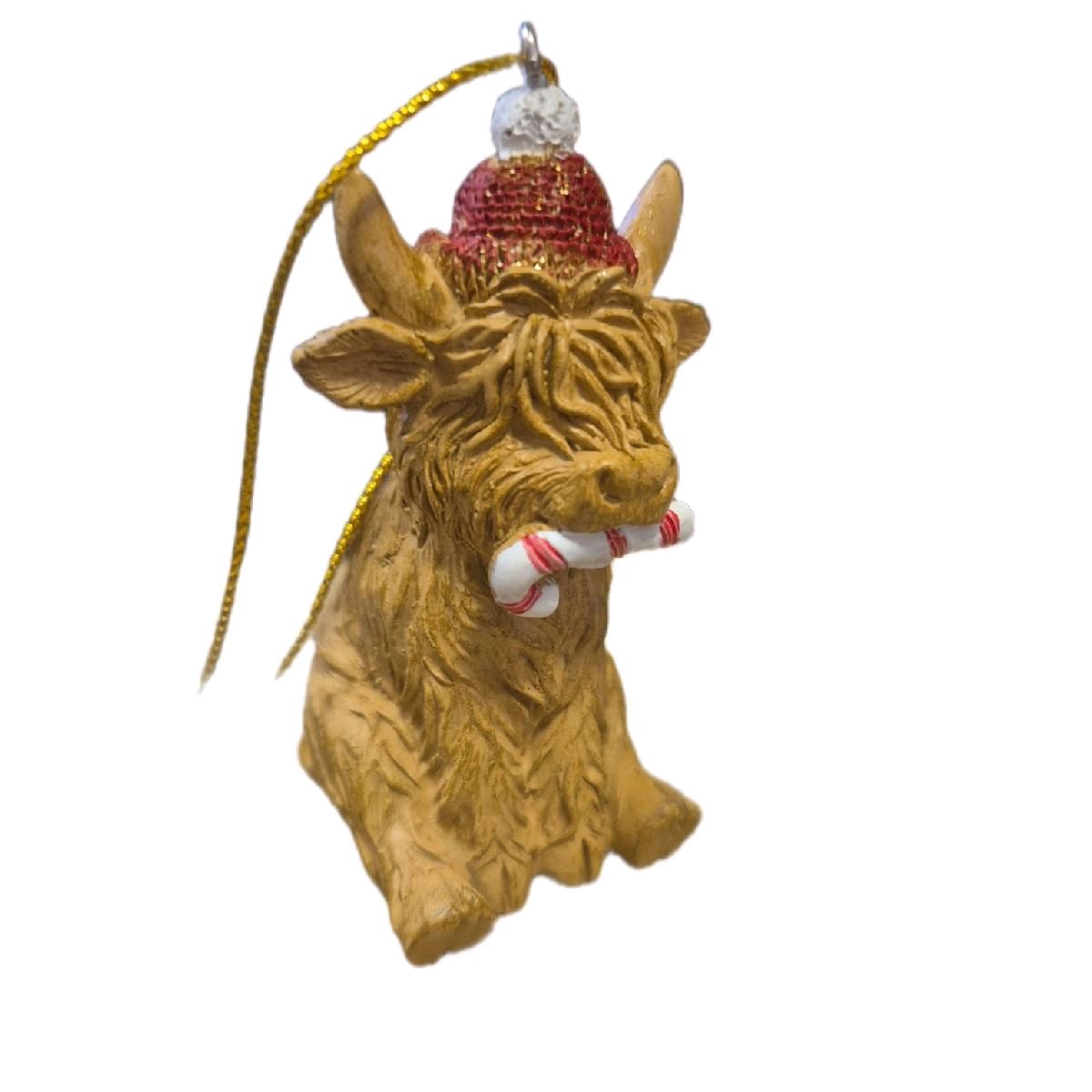 Cute Highland Cow Chewing Candycane Hanging Christmas Ornament for Decoration Hangable Decoration Tree