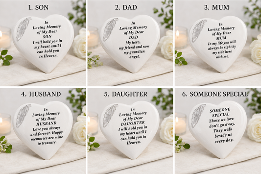 Remembrance Heart with Silver Feather, 5 options