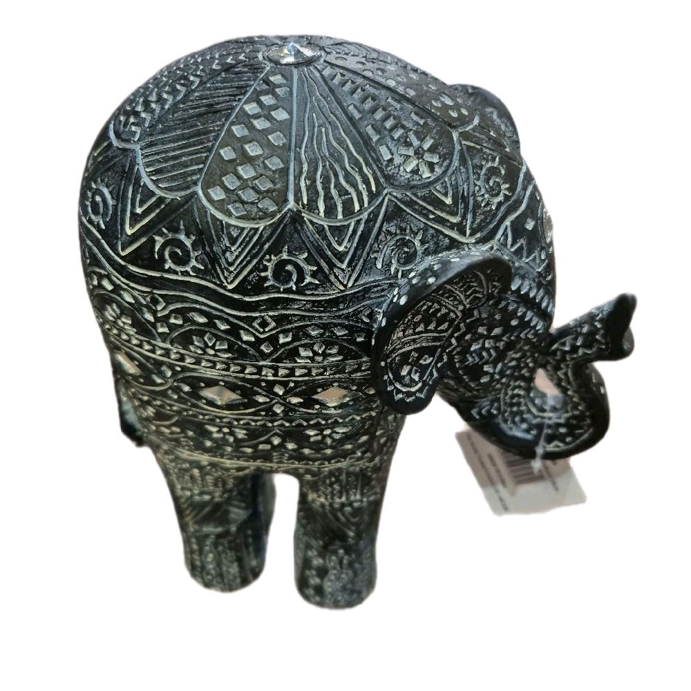 Carved Black & White Elephant Figurine 26cm - Intricate Design Ornament Decorative Standing
