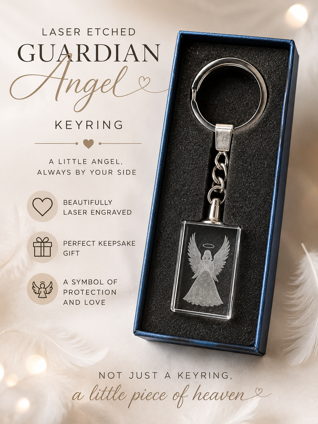 Guardian angel laser-etched 3D crystal keyring in a presentation box