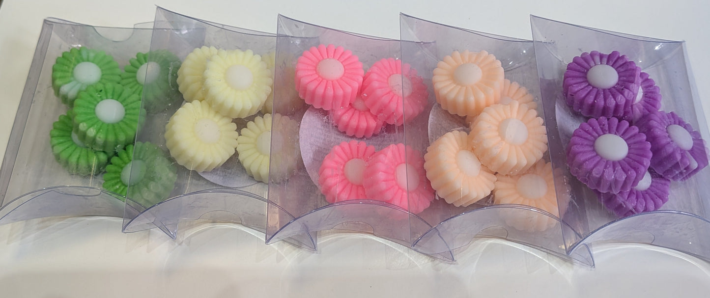 Sol Inspired Flower Shaped Mini Wax Melts in clear Pillow Box