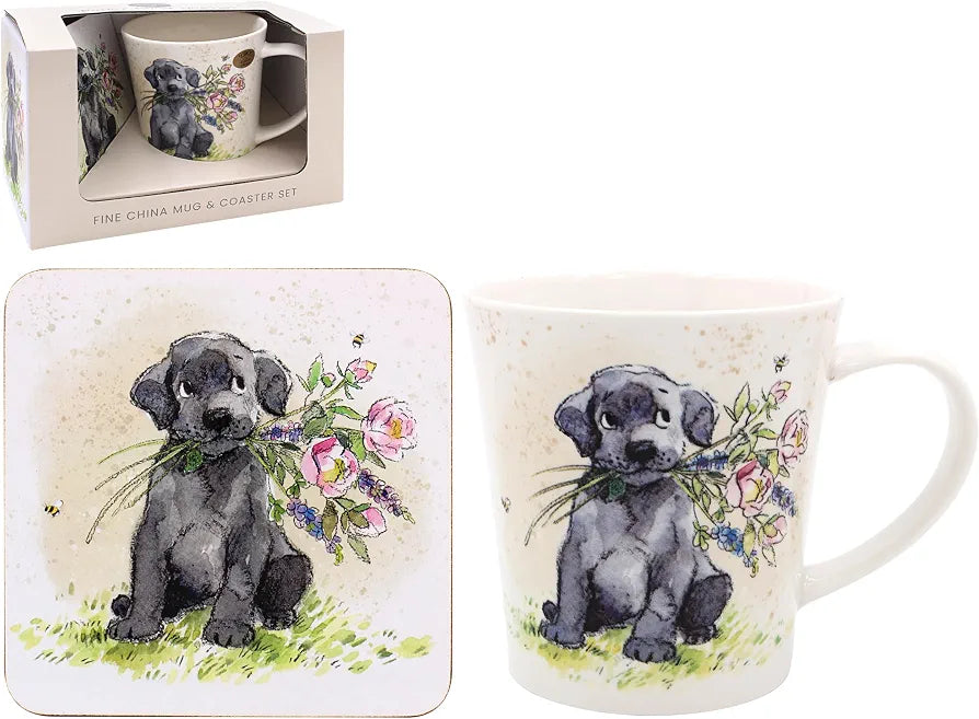 The Leonardo Collection Paper Shed Design Dog with Flowers Mug with Coaster