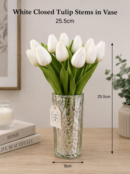 White Closed Tulip Stems in Vase 25.5cm