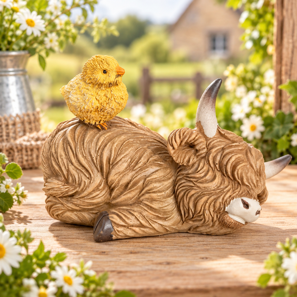 Country living Highland cow with chick