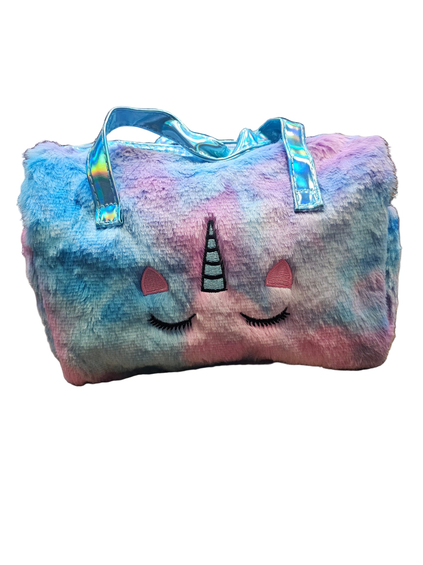 fluffy, tie-dye unicorn duffel bag