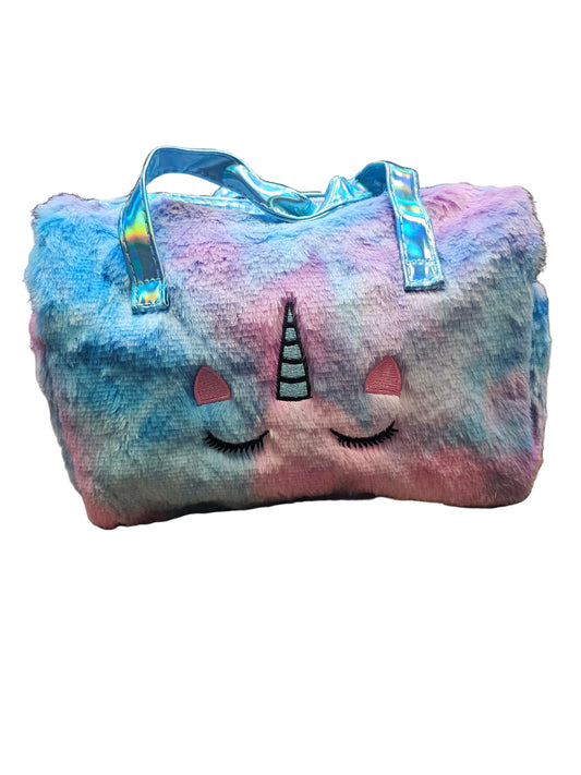 fluffy, tie-dye unicorn duffel bag
