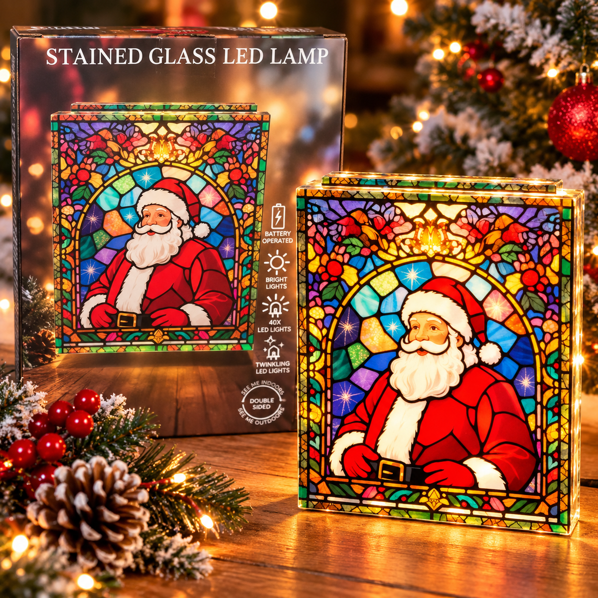 Light Up Santa LED Glass Plaque, 21cm