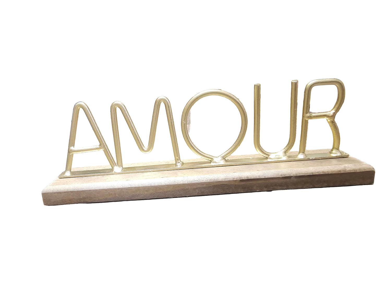 Amour tabletop decor sign with an antique brass finish on a wooden base