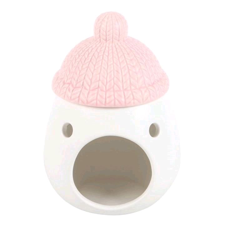 Snuggle Season Tealight Oil/Wax Burner with Cozy Pink Bobble Hat Lid for Festive Fragrances Decor Ornaments Perfect for Winter Use Aroma