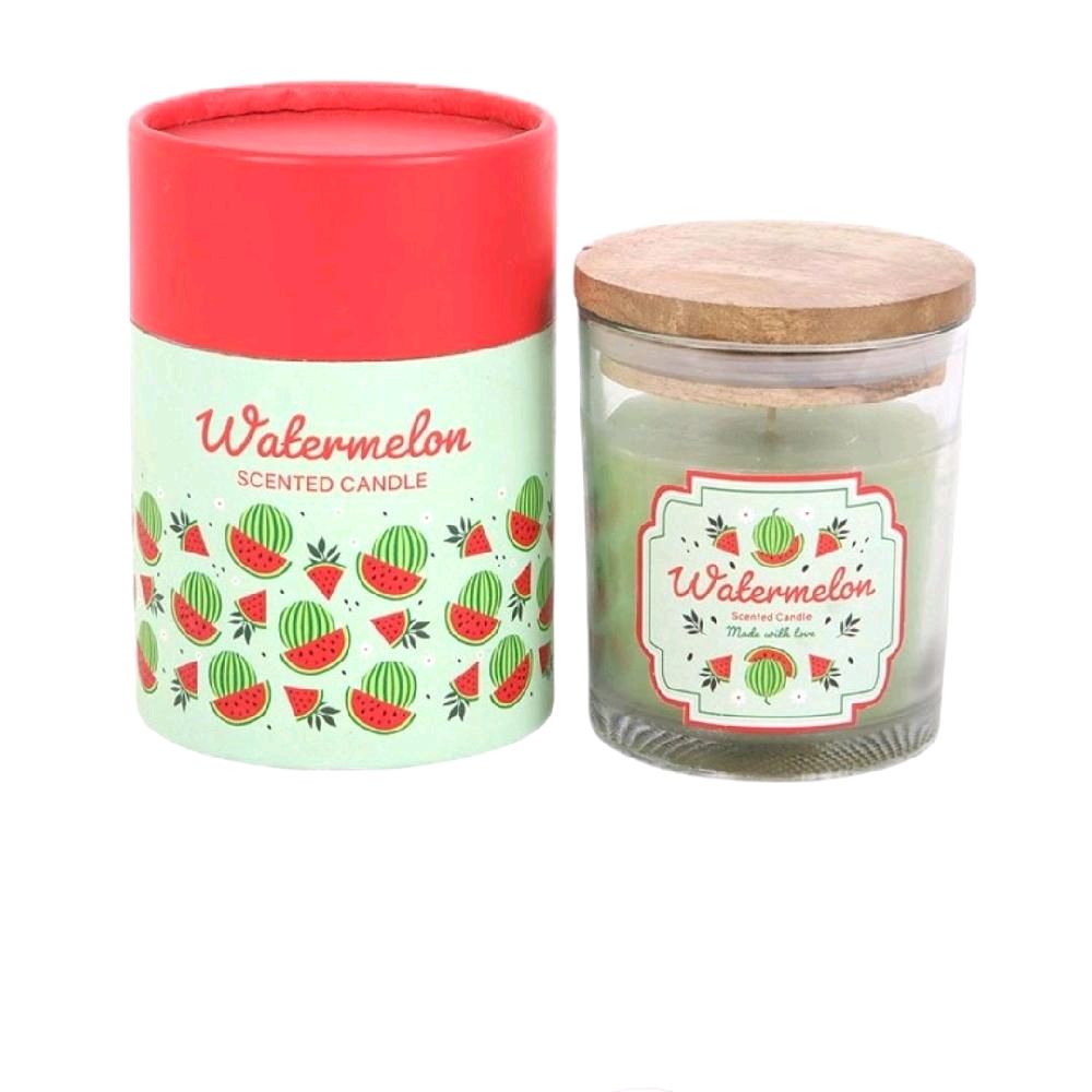 Watermelon Scented Candle in Red and Green Cylinder Packaging with Watermelon Design Aroma