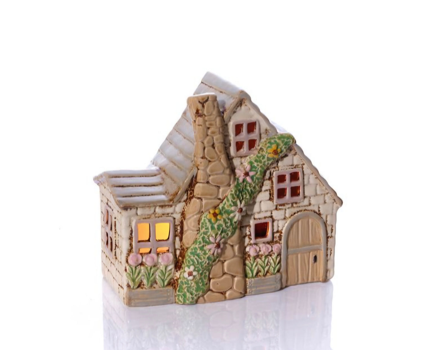 COTTAGE GARDEN STONEWARE DOUBLE COTTAGE WITH FULL CHIMNEY AND EMBOSSED DETAILS CANDLE HOLDER