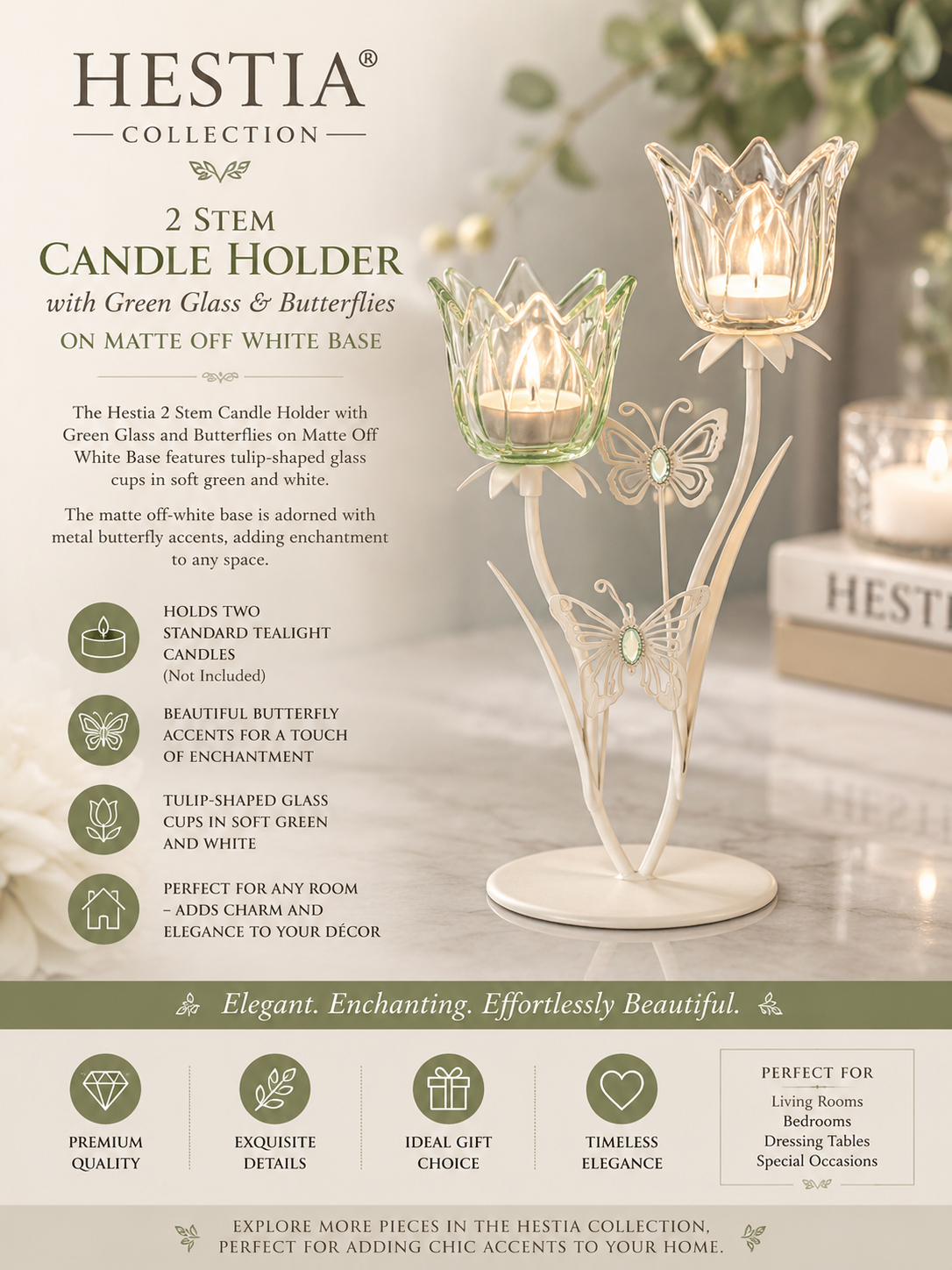 2 Stem Candle Holder With Green Glass And Butterflies On Matte Off White Base