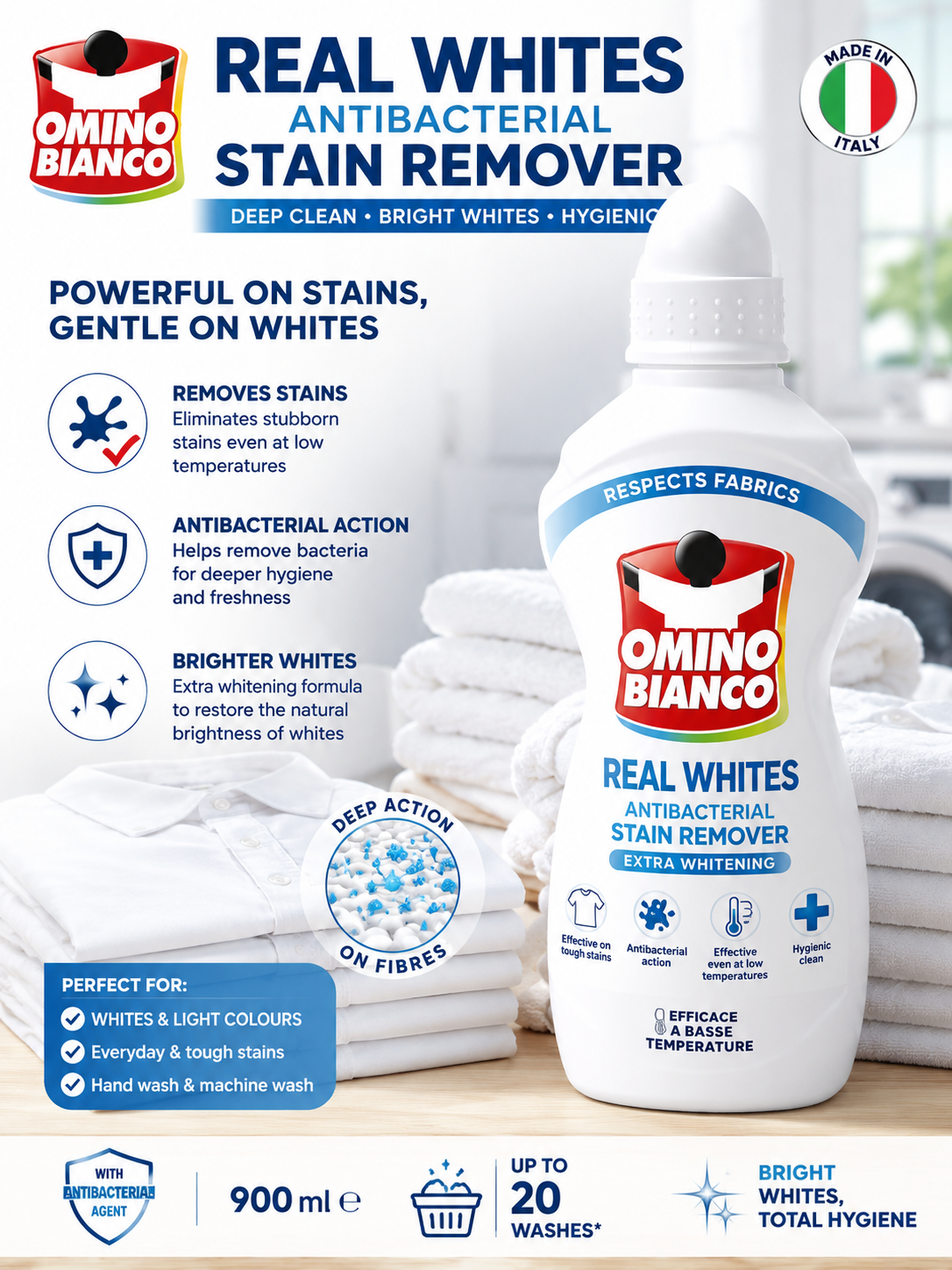 Omino Bianco Real Whites antibacterial Stain Remover 900ml Household Italian