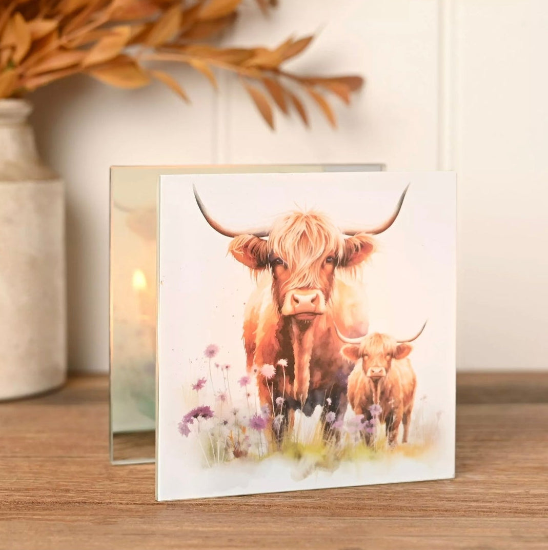 Country Living Highland Cow Glass Tealight Holder