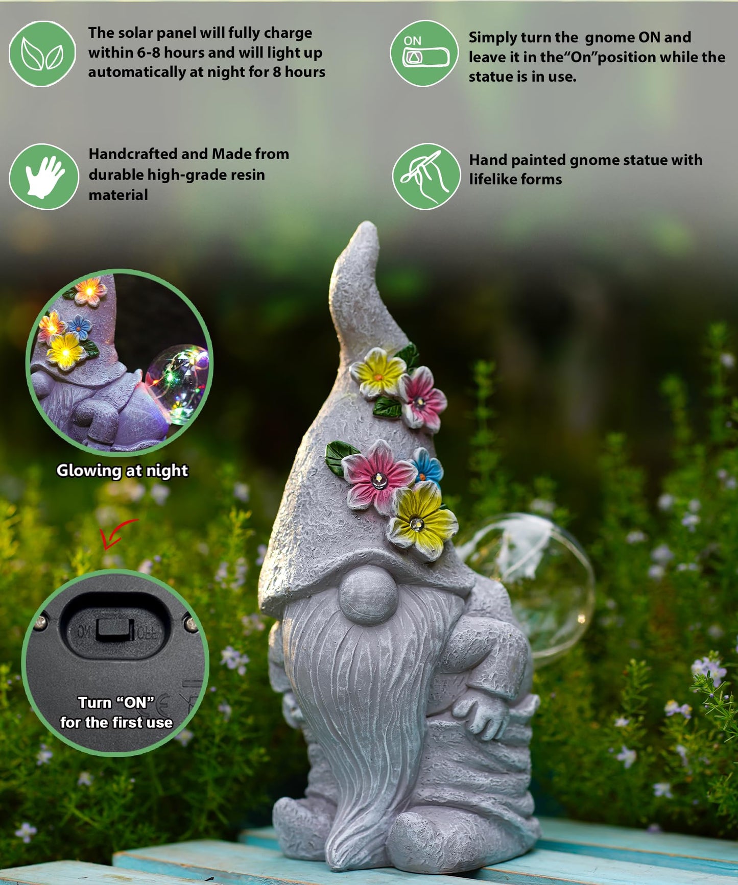 Garden Gnome Statue with Solar Powered Bubble Feature Outdoor Waterproof Ornament