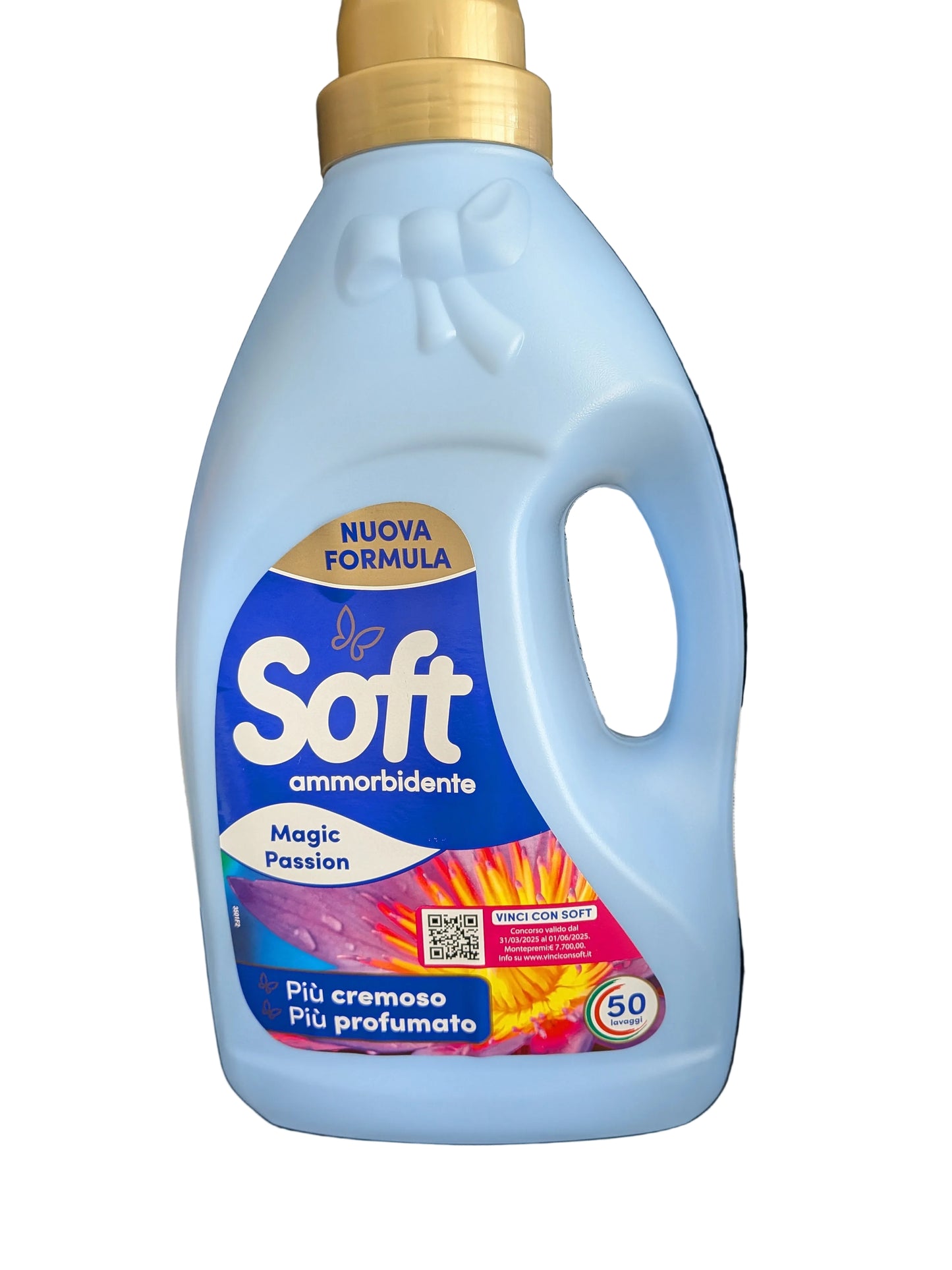 Soft fabric softeners, 50-wash liquid formula available in Magic Passion, Sweet Talco, and Classic Blue.