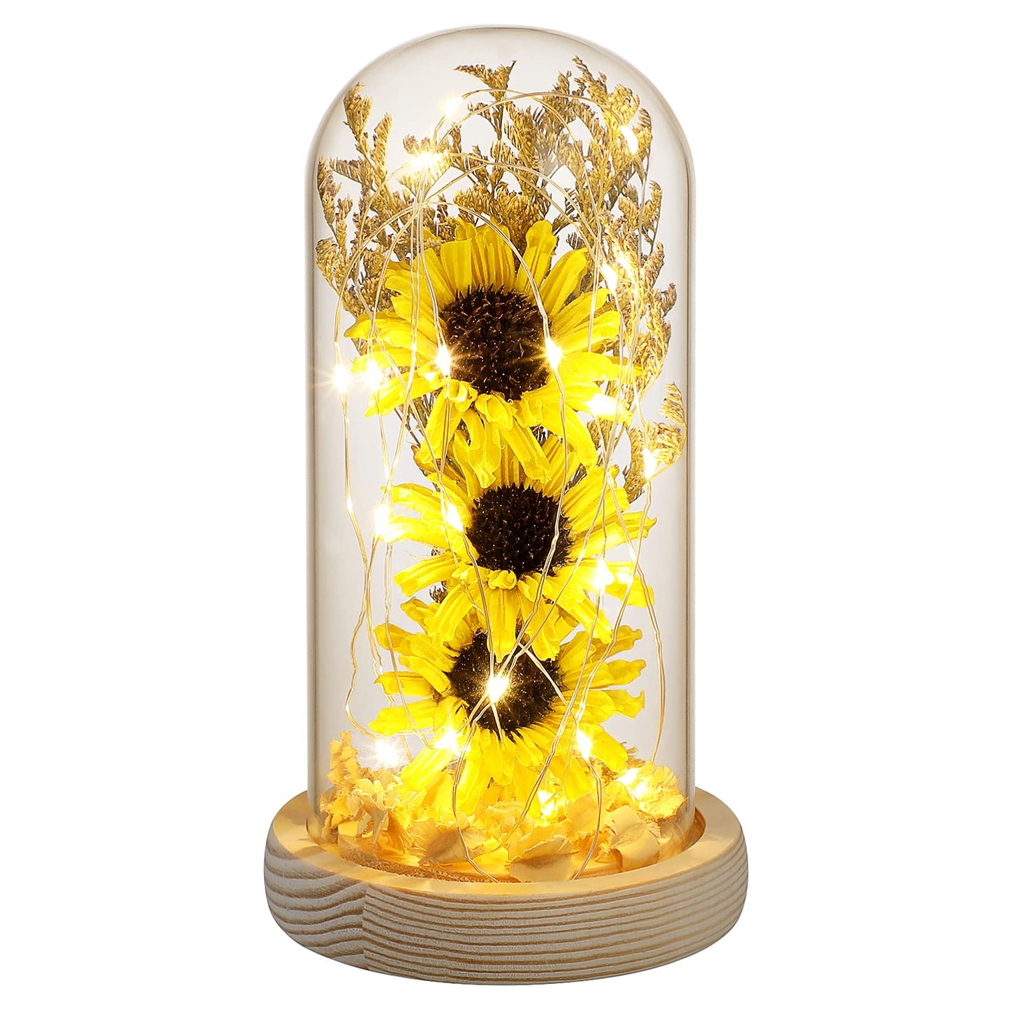 Artificial Sunflower in Glass Dome with LED Fairy Lights Decorative Gift  Birthday - Yellow Medium