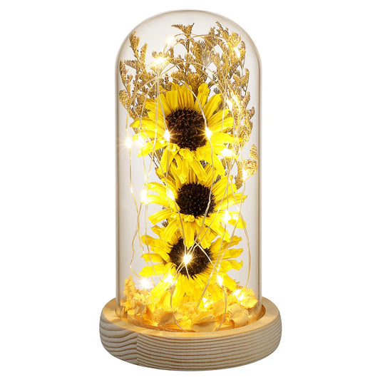 Artificial Sunflower in Glass Dome with LED Fairy Lights Decorative Gift  Birthday - Yellow Medium