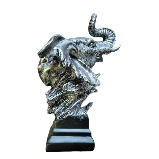Elephant Head Figurine on Black Stand Pewter Colour Decorative Piece Ornaments