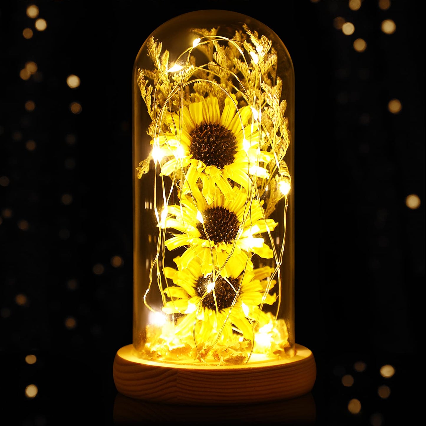 Artificial Sunflower in Glass Dome with LED Fairy Lights Decorative Gift  Birthday - Yellow Medium