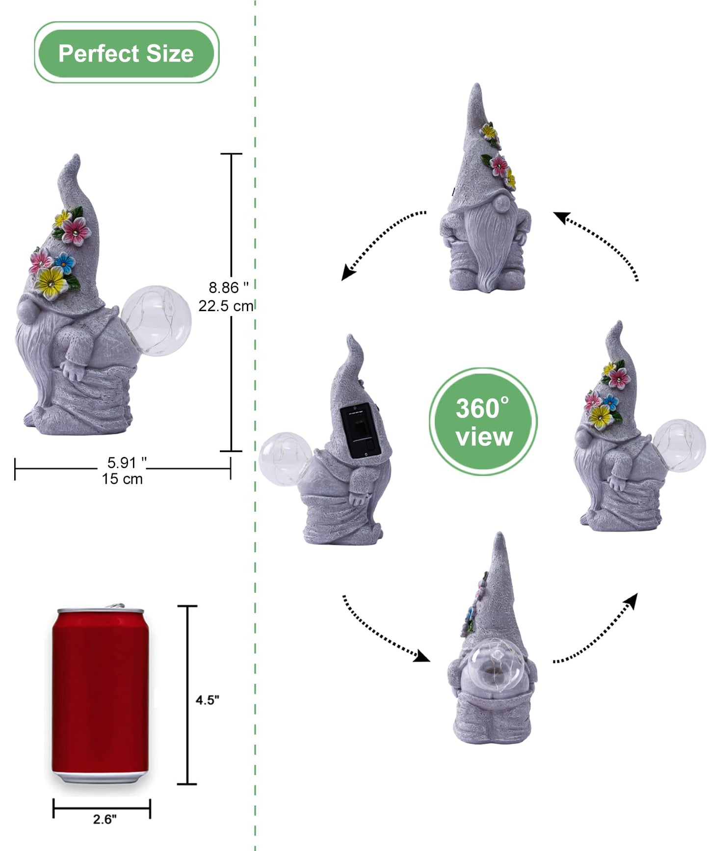 Garden Gnome Statue with Solar Powered Bubble Feature Outdoor Waterproof Ornament