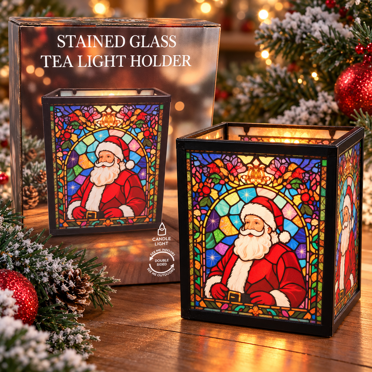 Santa Glass Tea Light Holder, 15cm