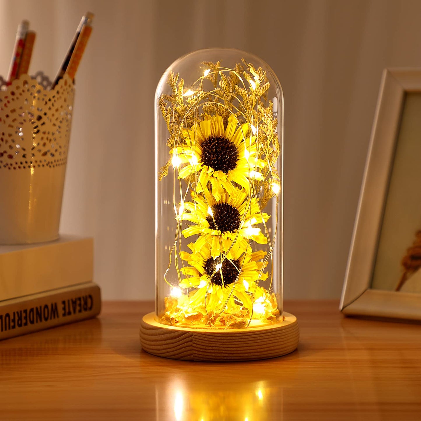 Artificial Sunflower in Glass Dome with LED Fairy Lights Decorative Gift  Birthday - Yellow Medium