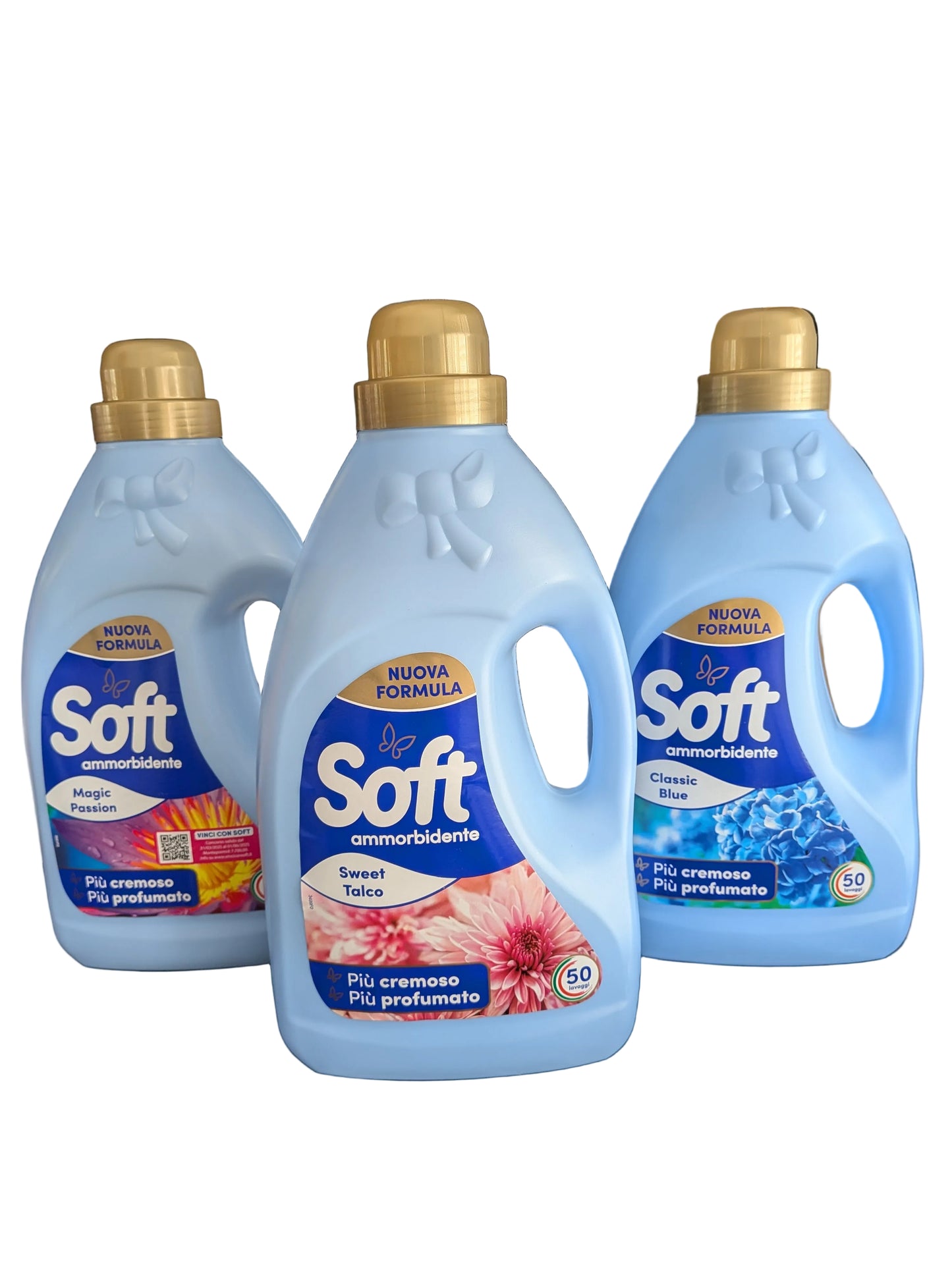 Soft fabric softeners, 50-wash liquid formula available in Magic Passion, Sweet Talco, and Classic Blue.
