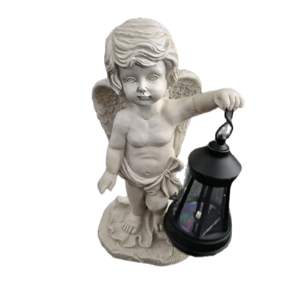 Solar Garden Statues Outdoor Ornaments Cherub with Solar Lantern Light Up Decorative Angel Figurine