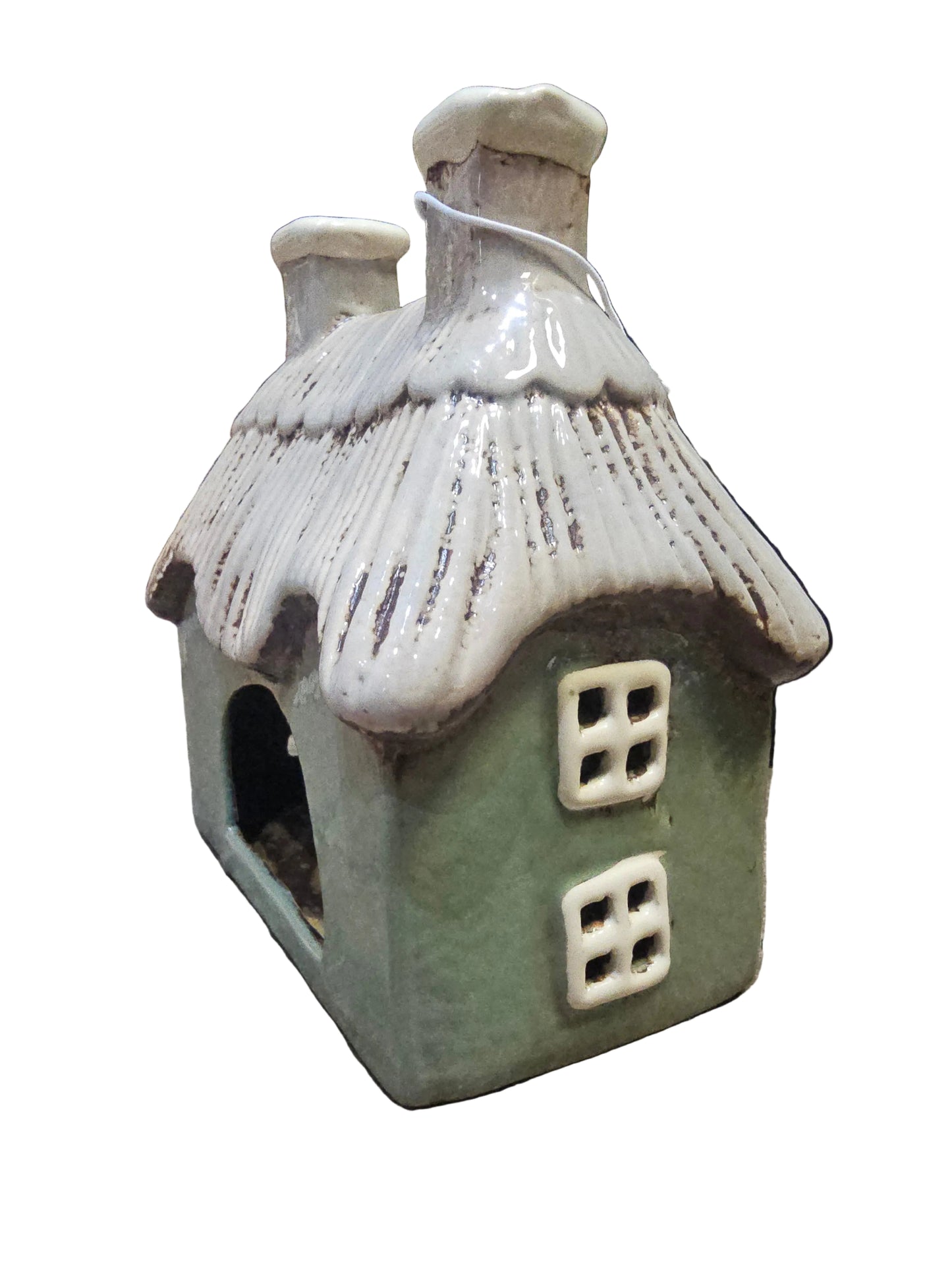 Stoneware Green Thatched Cottage with Embossed Flowers Tea Light Holder